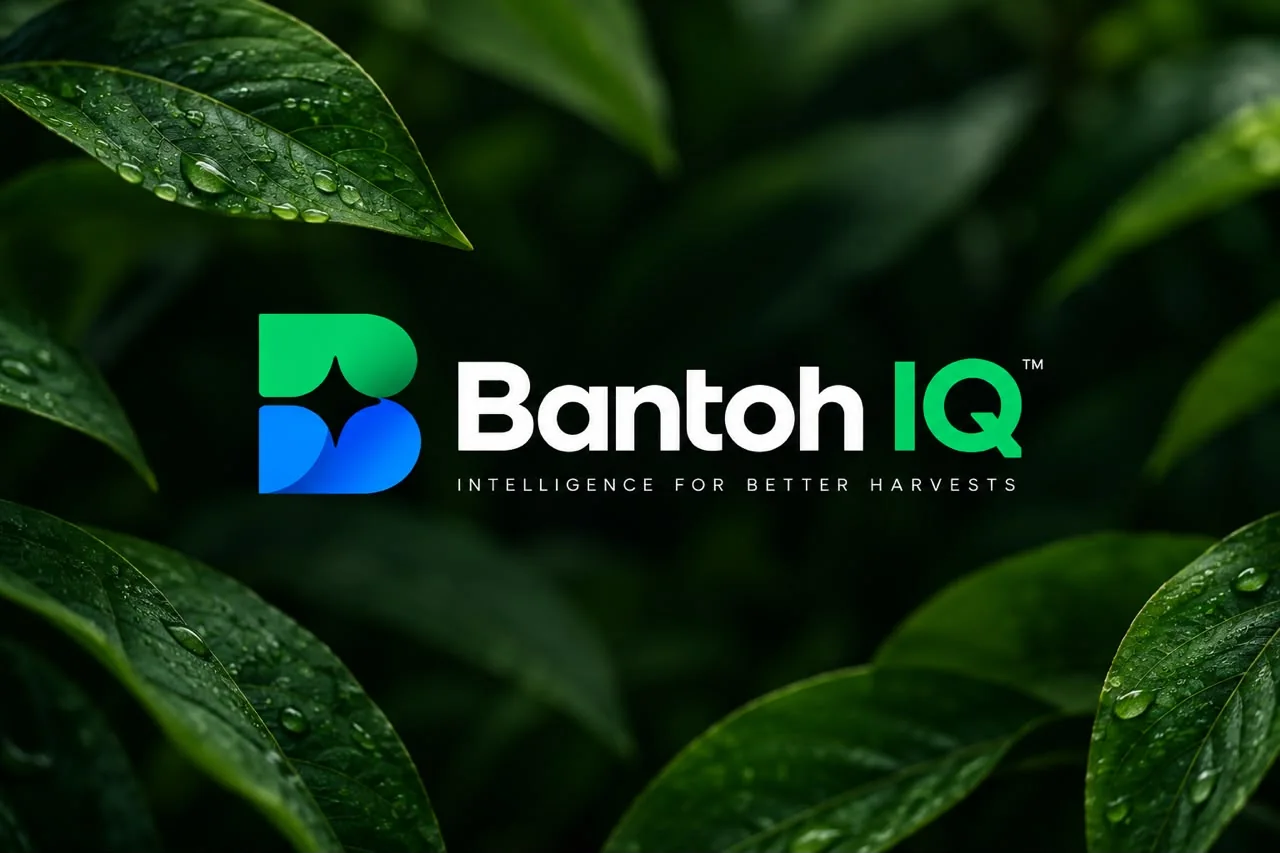 The Bantoh IQ logo with its tagline over dark green leaves