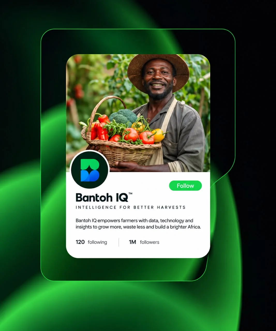 A Bantoh IQ social profile card with a farmer holding a basket of vegetables