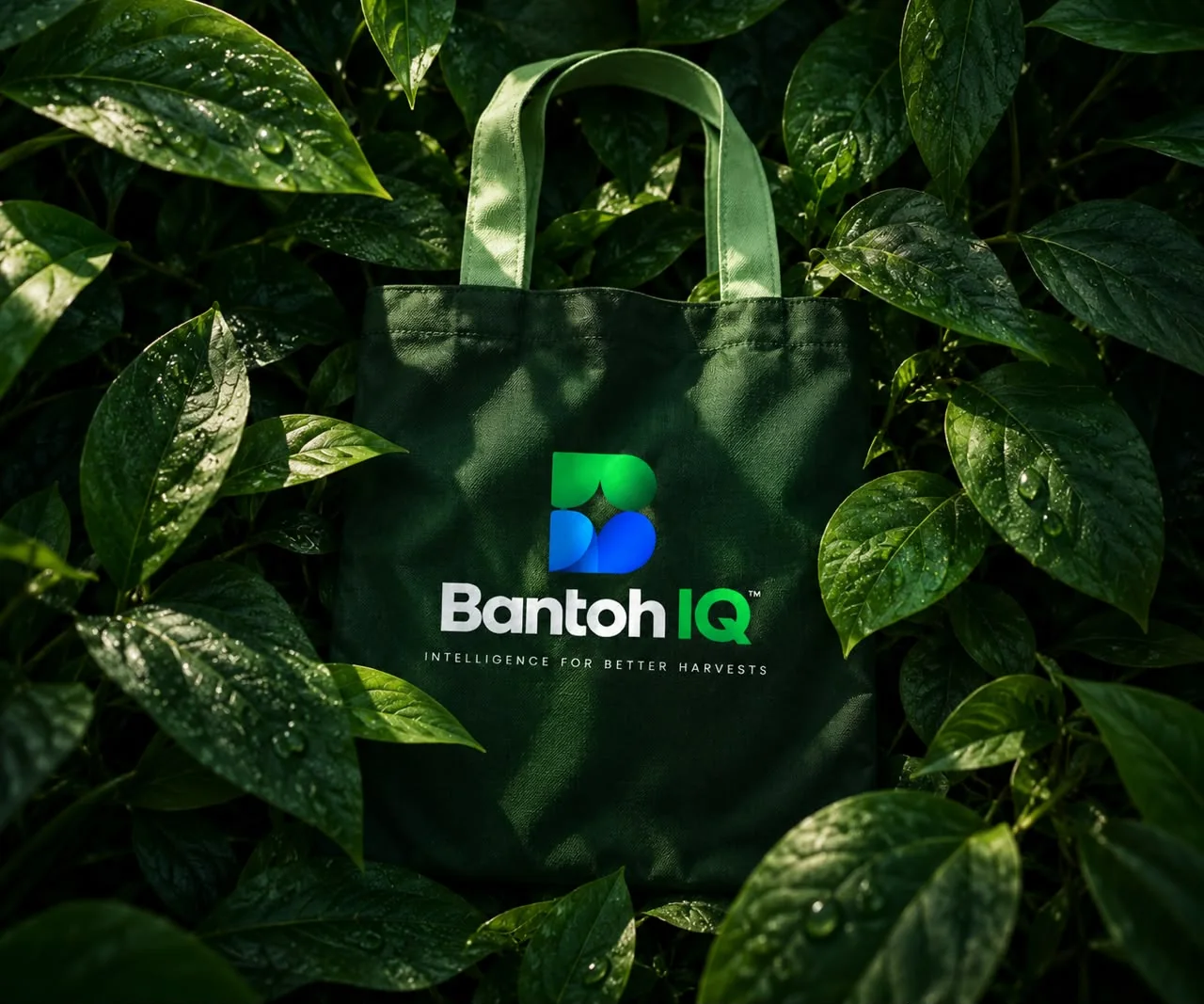 A green Bantoh IQ tote bag lying among dark green leaves