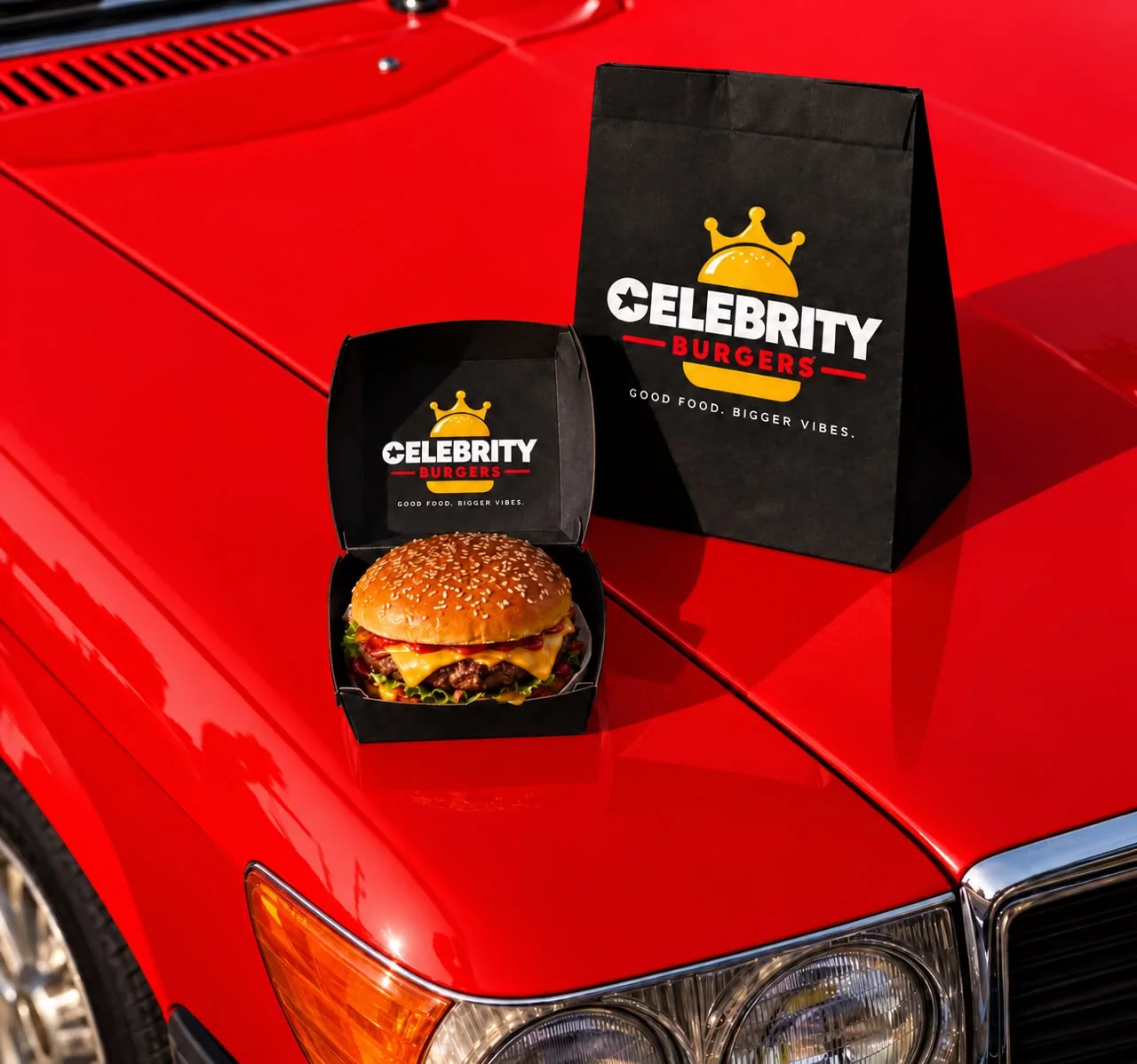 A black Celebrity Burgers paper bag and burger box on the bonnet of a red car