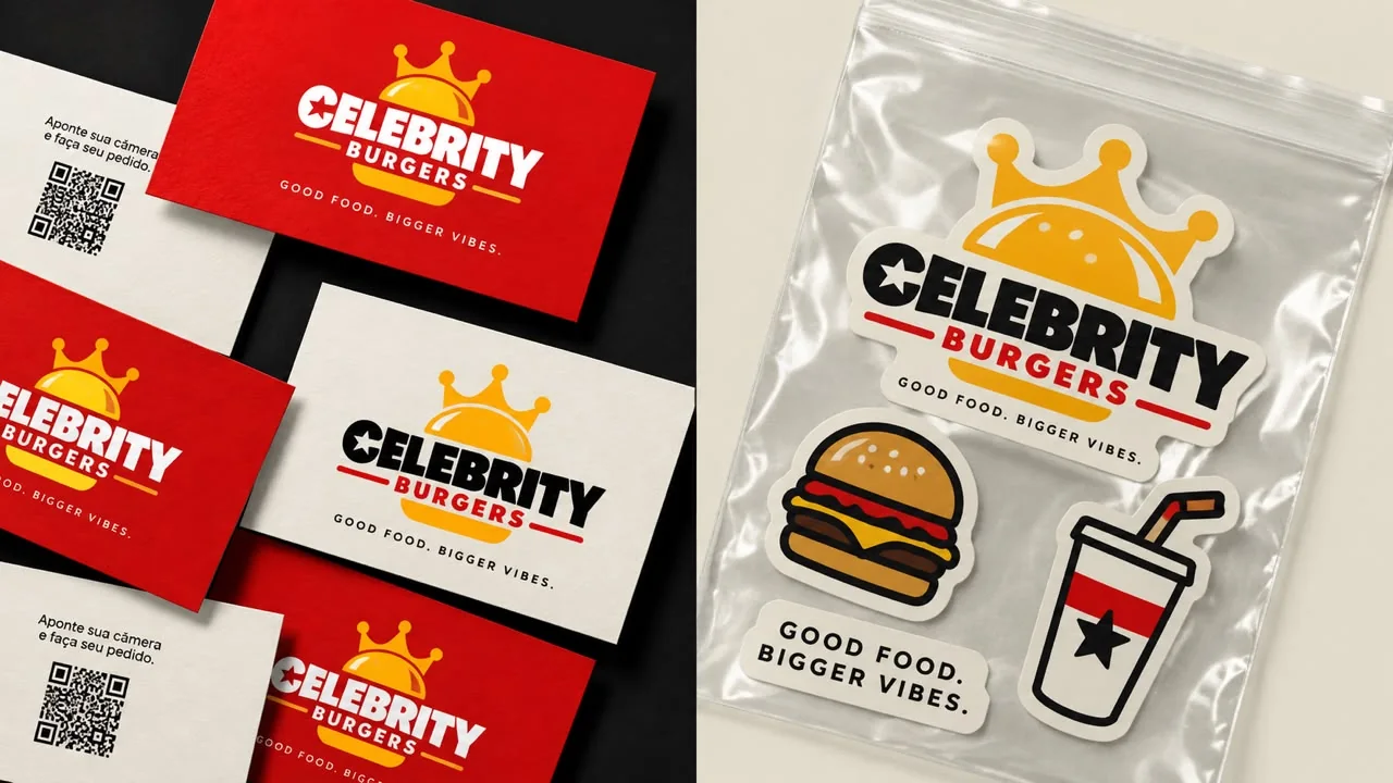 Red and white Celebrity Burgers business cards beside a bag of stickers