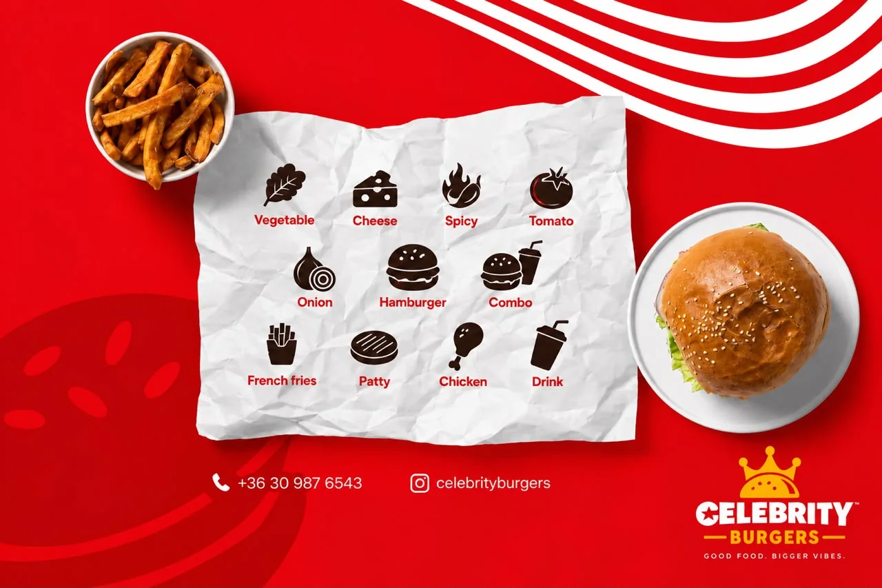 A red flat lay with a sheet of food icons, a bowl of fries and a burger, and the logo in the corner