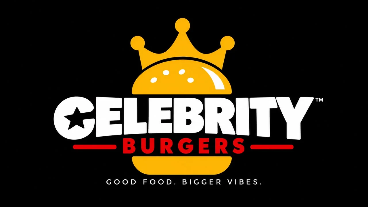 The Celebrity Burgers logo, a crowned burger bun with a star in the C, on black