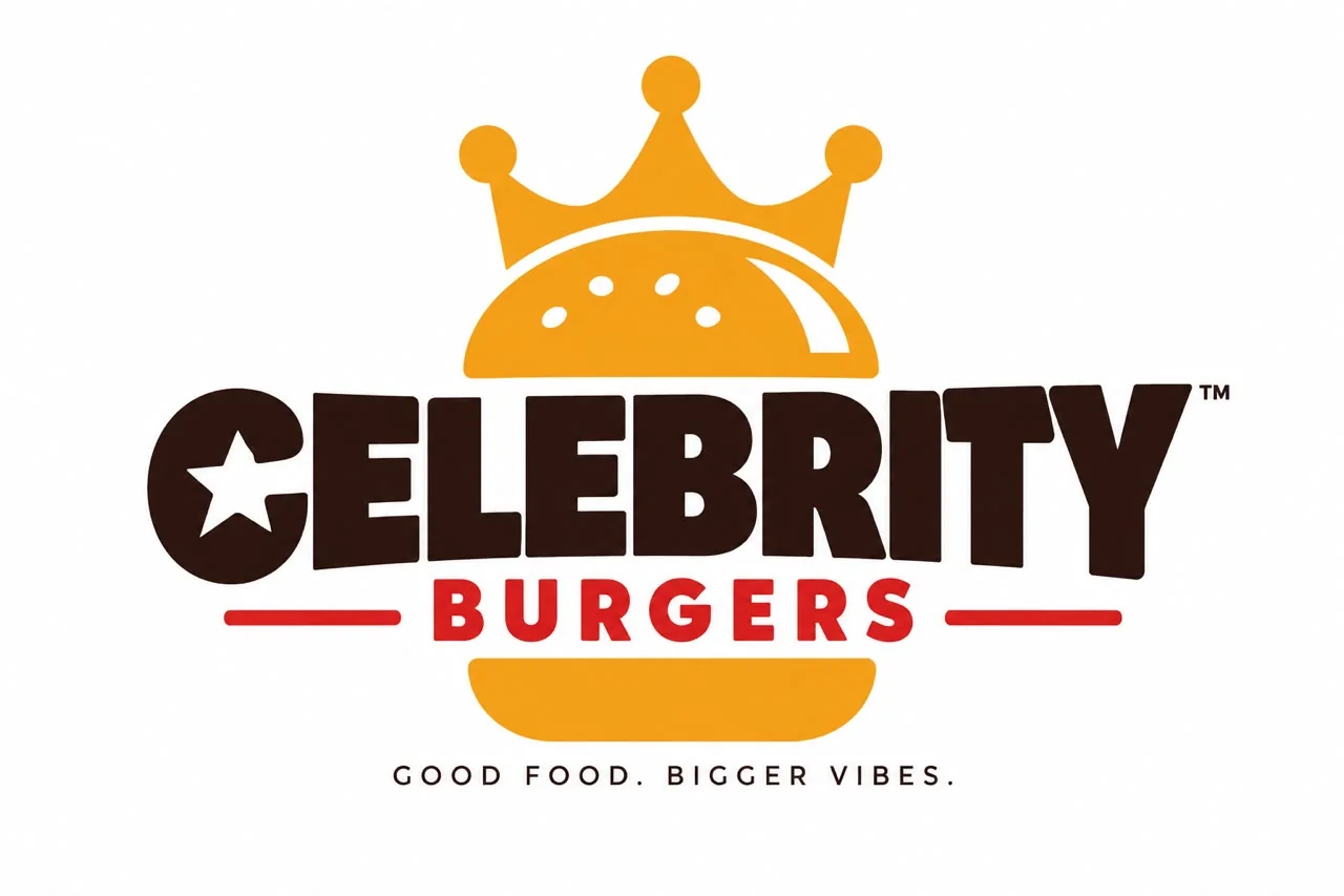 The Celebrity Burgers logo in dark brown, yellow and red on white