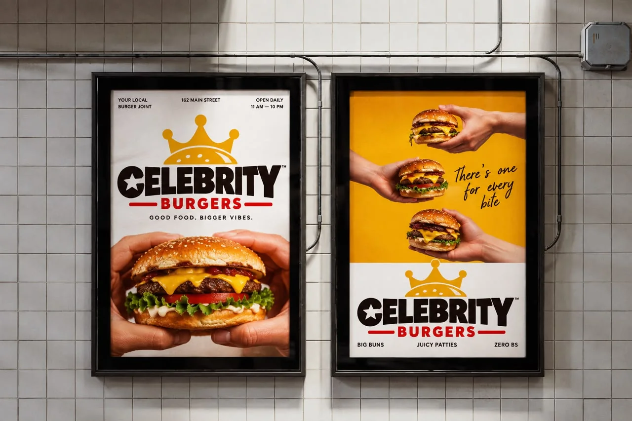 Two framed Celebrity Burgers posters on a tiled wall, one with a burger held in two hands and one with three hands holding burgers