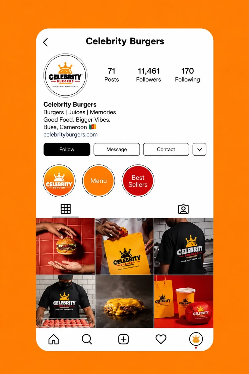A Celebrity Burgers social profile page on an orange background, with the round logo and a grid of brand photos