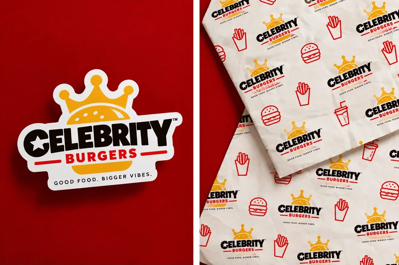 A die-cut Celebrity Burgers sticker beside crumpled wrapping paper printed with the logo and burger, fries and drink icons