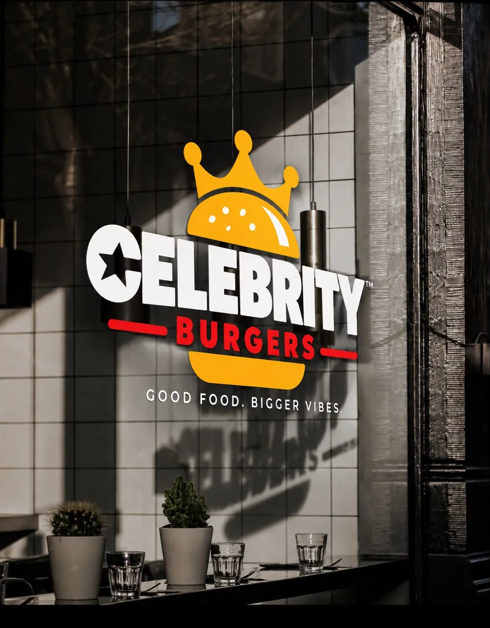 The Celebrity Burgers logo on a cafe window beside a tiled wall
