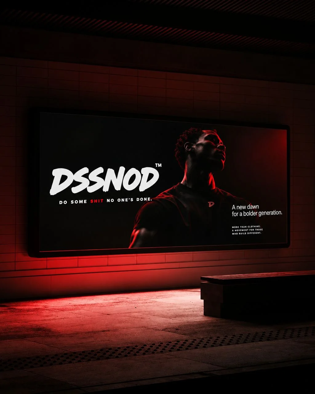 A dark DSSNOD billboard on a tiled station wall, lit red