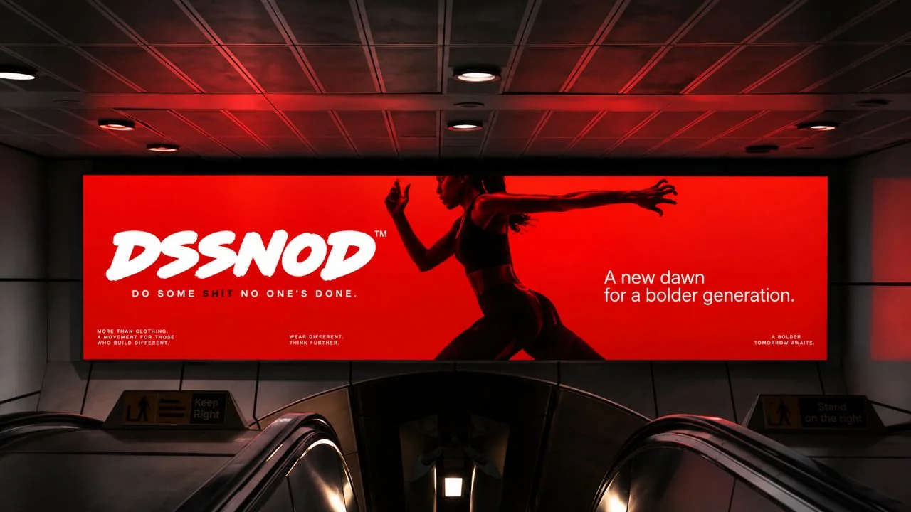 A red DSSNOD billboard in an underground station showing a runner in silhouette