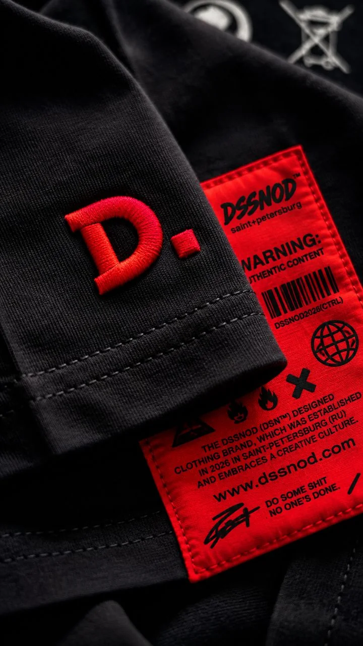 A red embroidered D. mark on a black sleeve beside a red woven care label