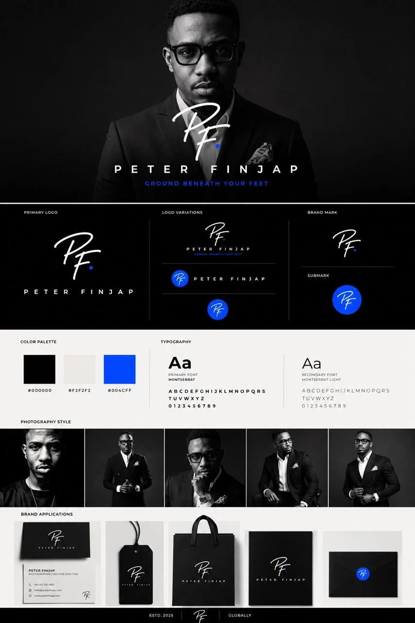 Peter Finjap brand guide sheet showing the primary logo, logo variations, brand mark and submark, colour palette of black, off-white and blue, Montserrat typography, black-and-white photography style and brand applications including a business card, hang tag, bag, notebook and envelope