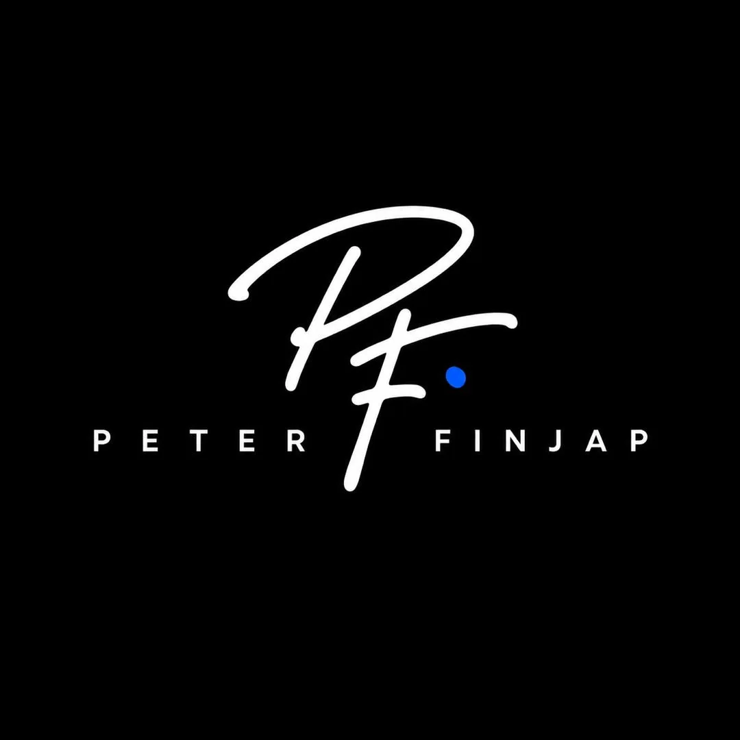 A white handwritten PF monogram with a blue dot above the name Peter Finjap in spaced capitals, on black