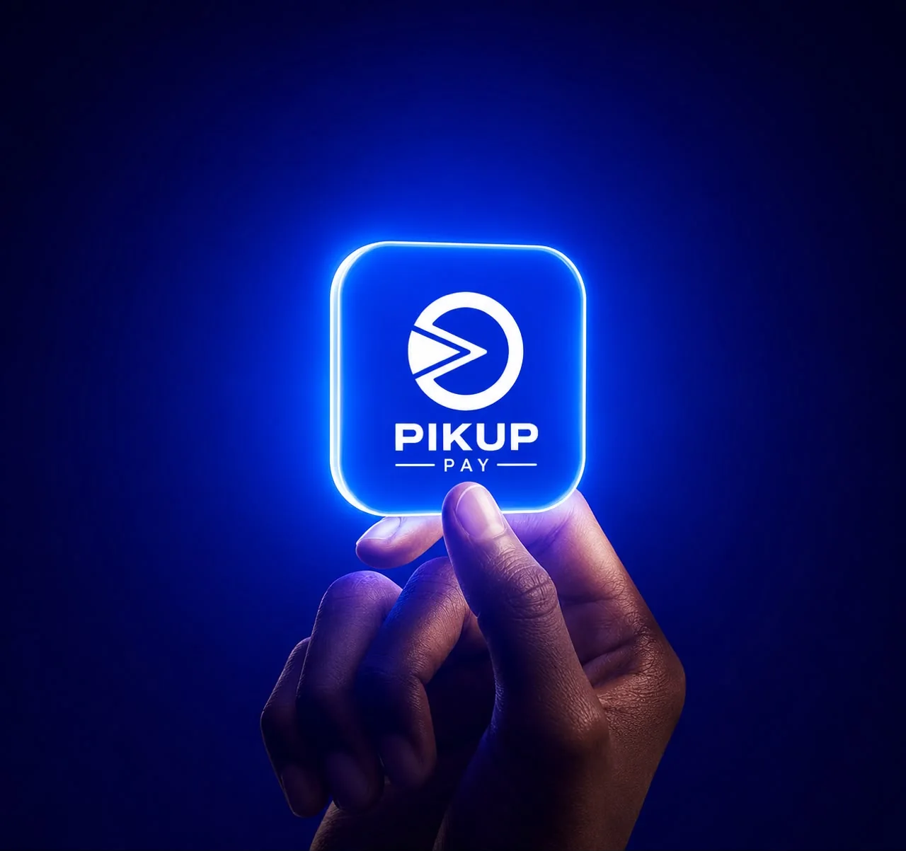 A hand holding a glowing blue app icon with the PIKUP Pay mark in the dark