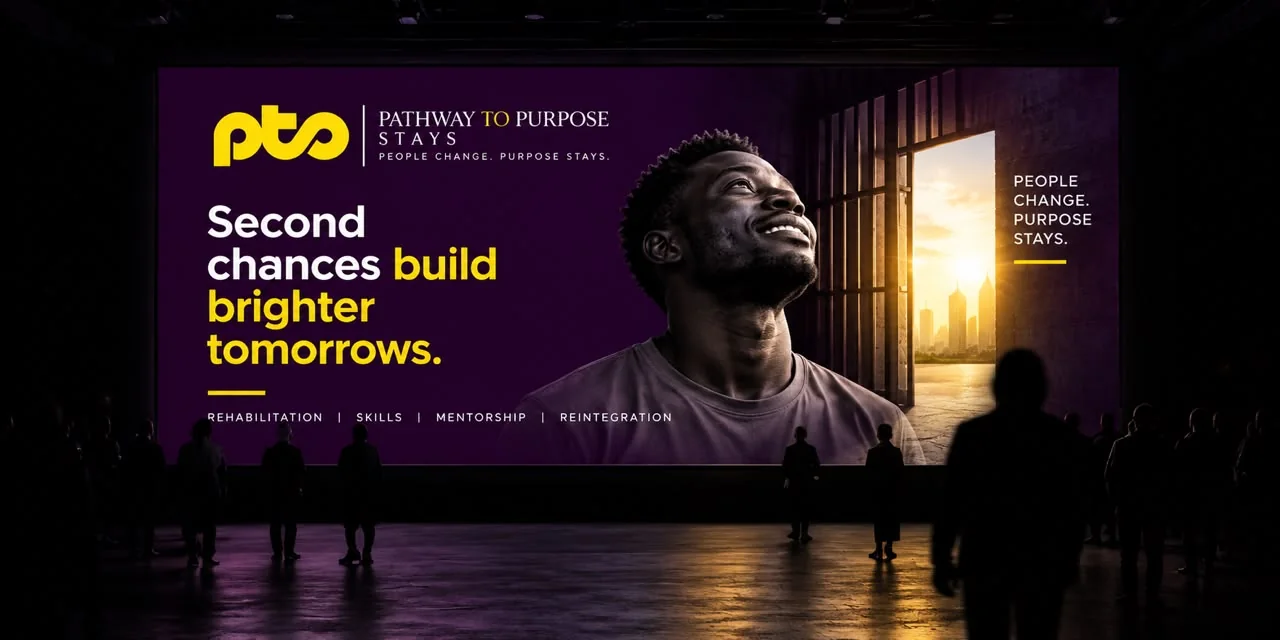 The PTS logo and the line Second chances build brighter tomorrows beside a smiling man, shown on a cinema screen