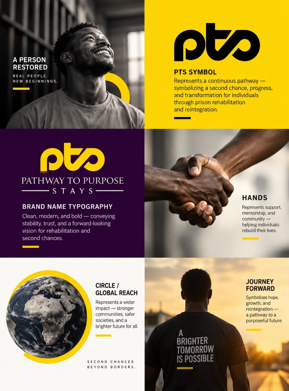 A concept board explaining the PTS symbol, name typography and imagery, with a smiling man, a handshake and a globe