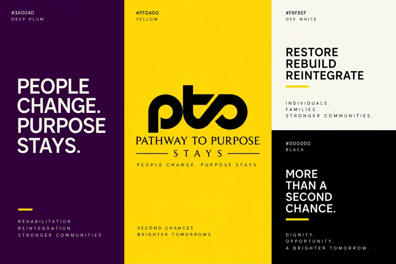 A PTS board in deep plum, yellow, off white and black with the lines People change, purpose stays and Restore, rebuild, reintegrate