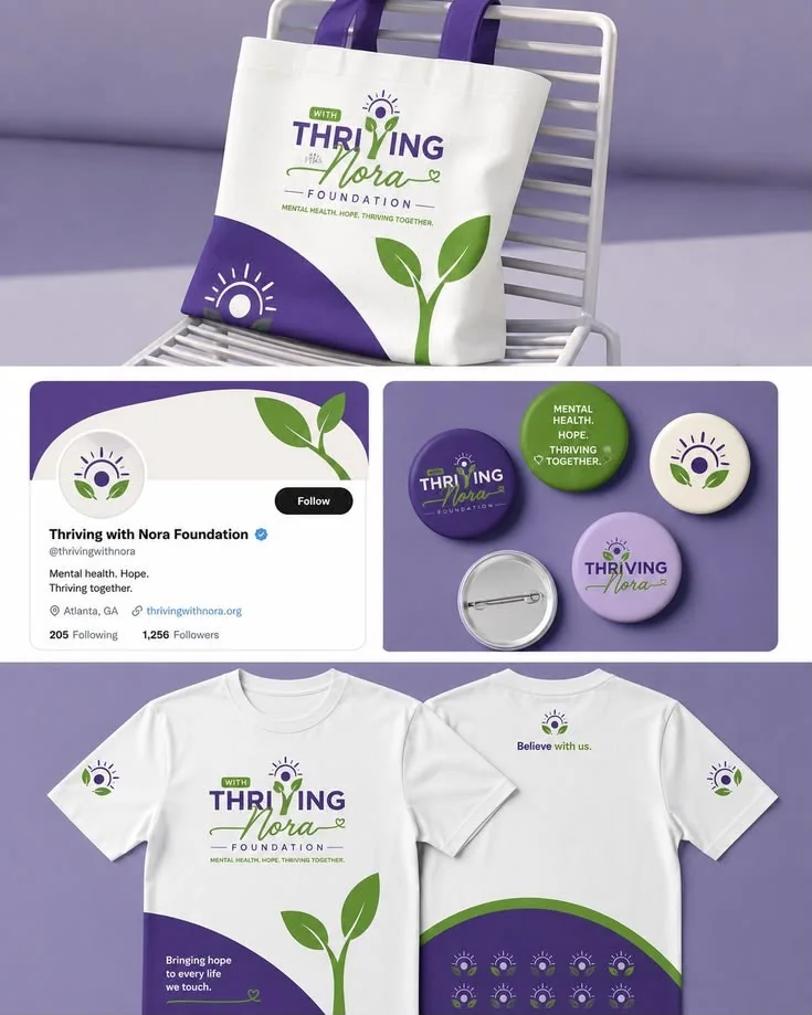 A Thriving With Nora Foundation brand collage with a tote bag, social profile, round badges and t-shirts