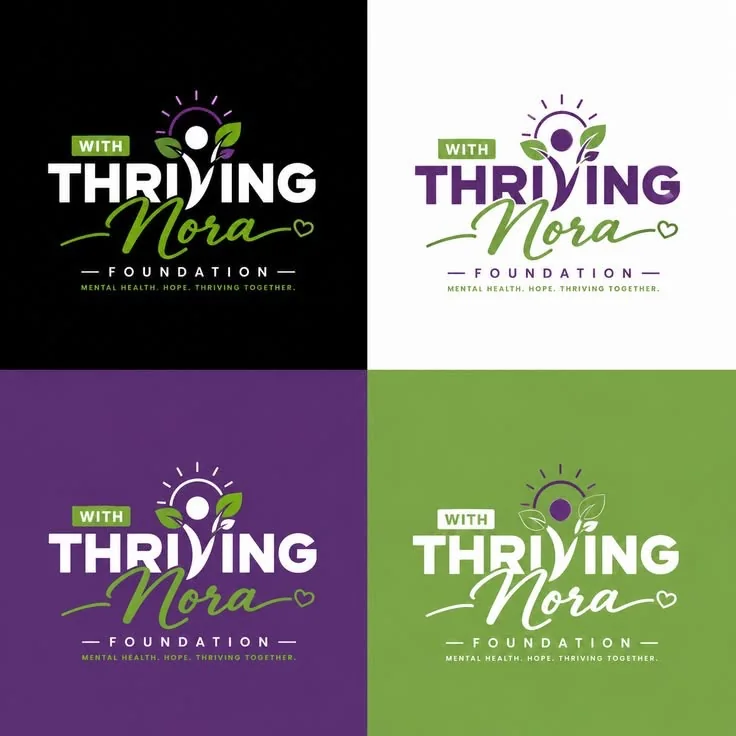 The Thriving With Nora Foundation logo on black, white, purple and green backgrounds