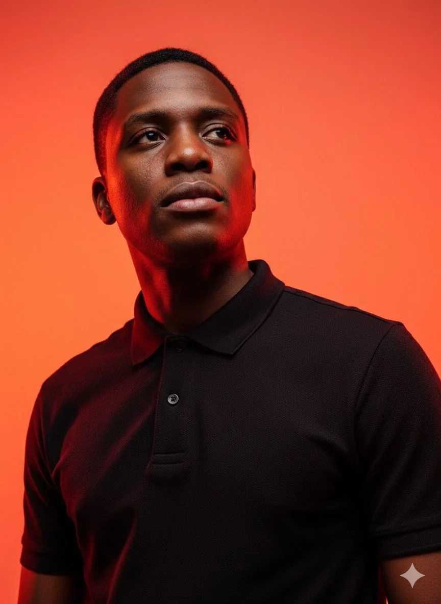 Prosper Finjap in a black polo shirt against an orange backdrop