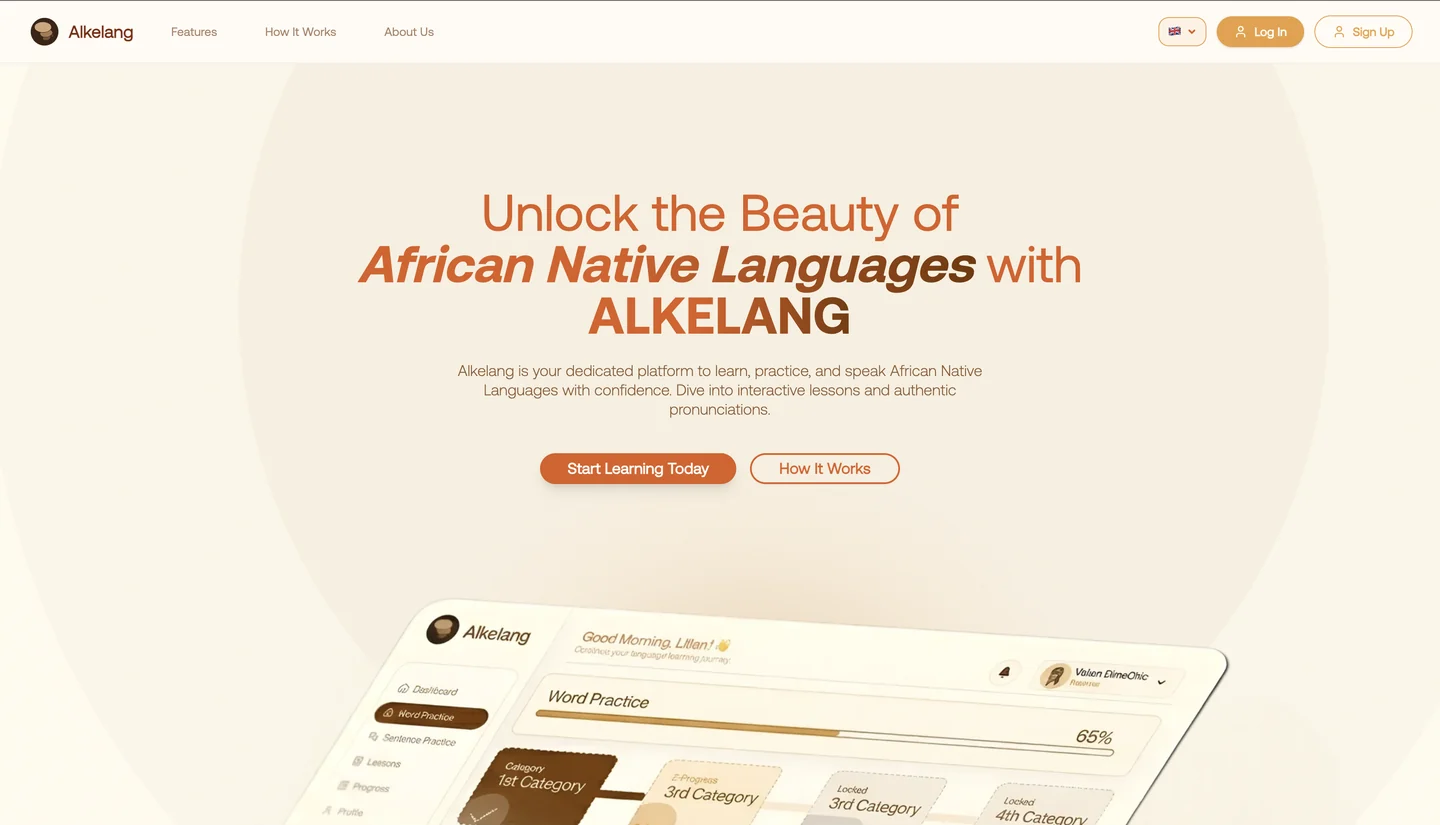 The Alkelang website home page, with a headline about African native languages above a learning dashboard
