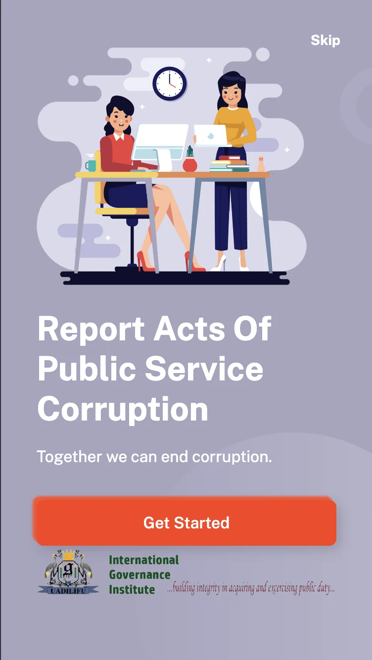 The Bipromap app welcome screen, with the headline Report Acts Of Public Service Corruption