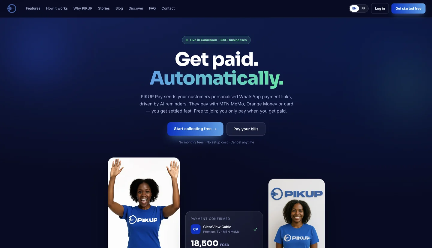 The PIKUP Pay website home page, with the headline Get paid. Automatically. on a dark blue background