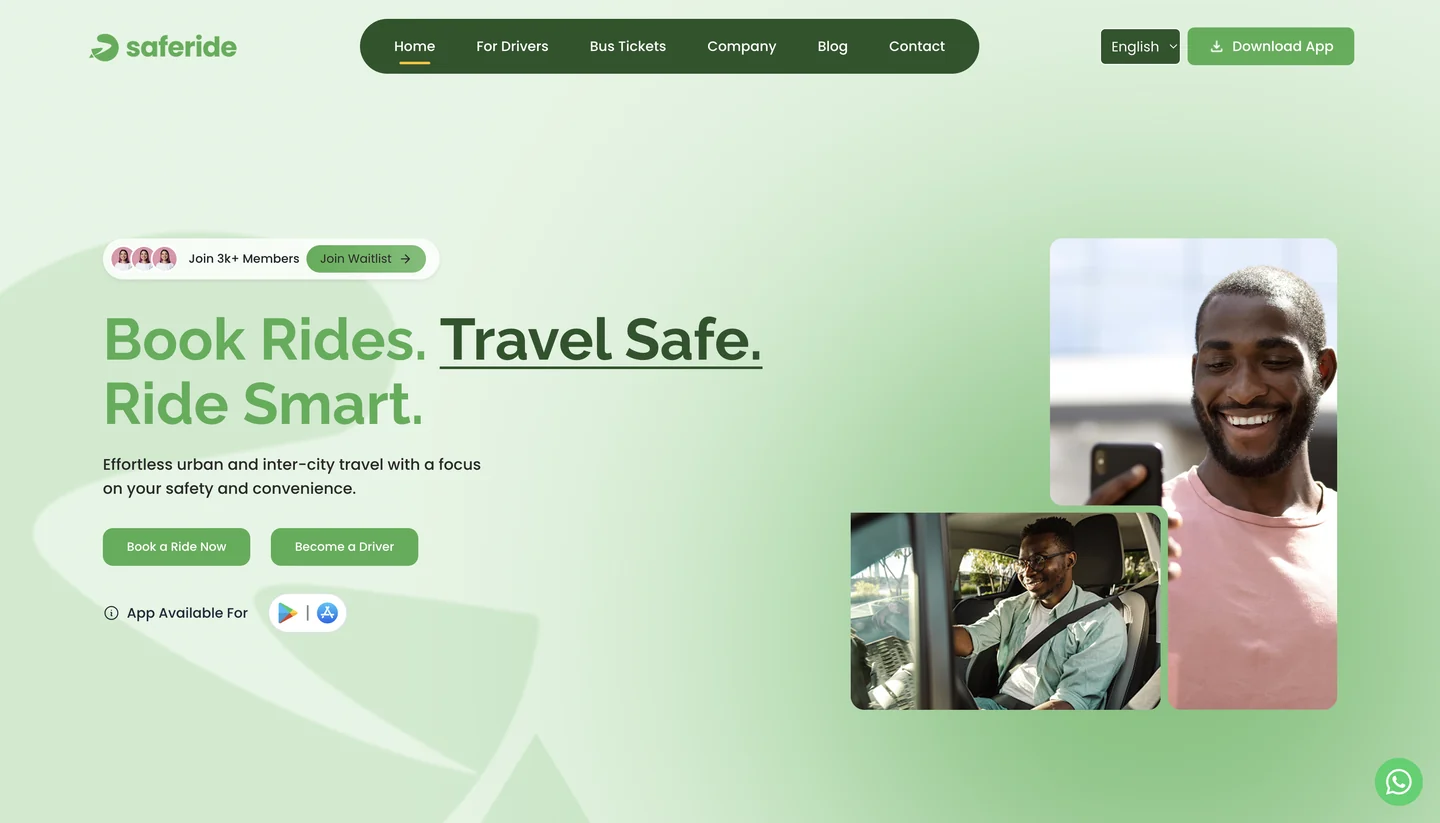 The Saferide website home page, with the headline Book Rides. Travel Safe. beside two photos of smiling drivers and riders