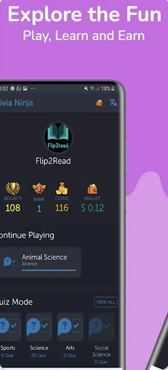 The Trivia Ninja app on a phone, showing a player profile and quiz modes under the words Explore the Fun